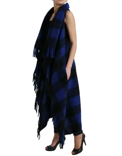 Shop Dolce & Gabbana Elegant Checkered Fringe Poncho Women's Cardigan In Black And Blue