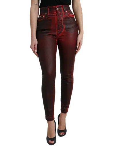 Shop Dolce & Gabbana Elegant High-waist Stretch Denim Women's Jeans In Black And Red