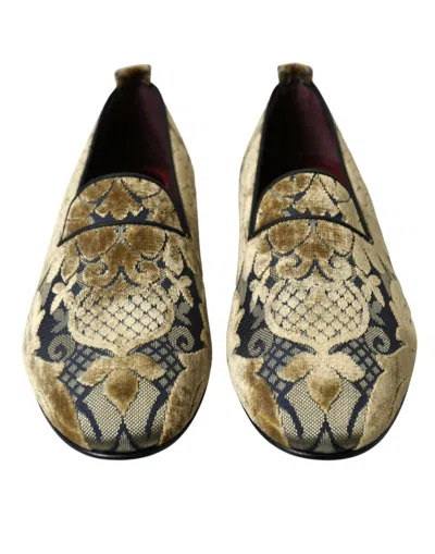 Shop Dolce & Gabbana Gold Velvet Brocade Smoking Slipper Dress Men's Shoes