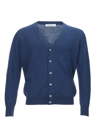 Shop Gran Sasso Elegant Blue Wool Cardigan With Men's Pockets