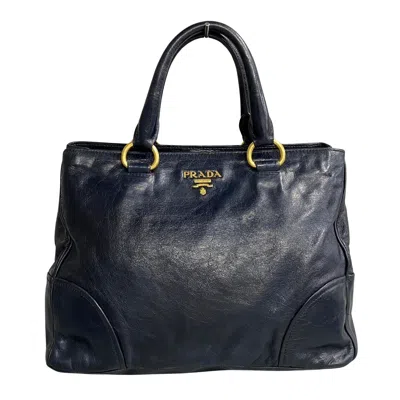 Shop Prada Vitello Navy Leather Tote Bag ()