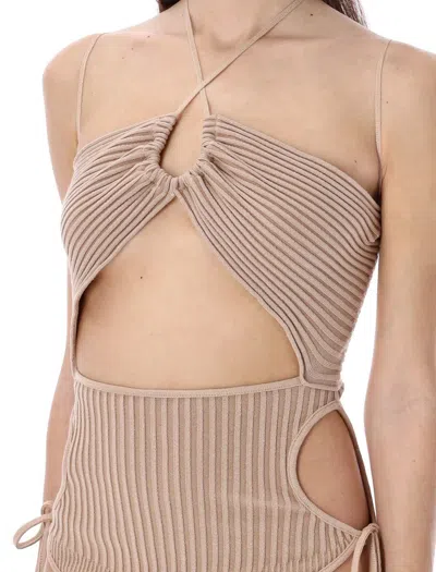 Shop Andreädamo Andreādamo Ribbed Knit Sleeveless Bodysuit With Cut In Nude
