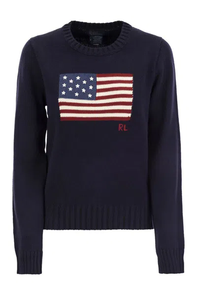 Shop Polo Ralph Lauren Cotton Jersey With Flag In Navy Blue