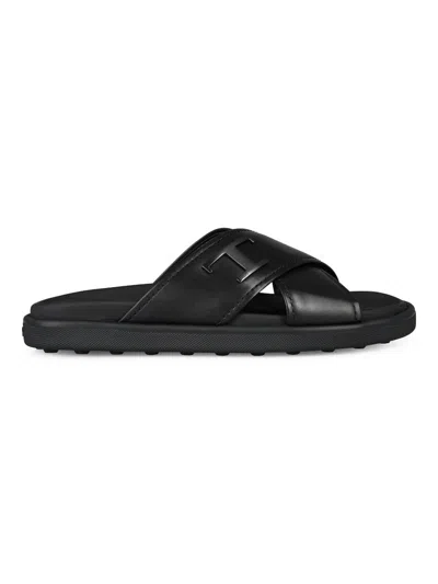 Tod's Slides Cross Strap Flat Sole Open Toe In Black