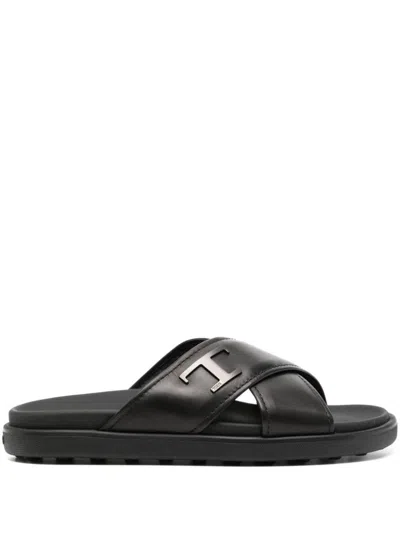 Tod's Slides Cross Strap Flat Sole Open Toe In Black