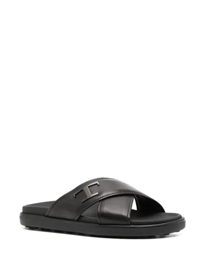 Tod's Slides Cross Strap Flat Sole Open Toe In Black