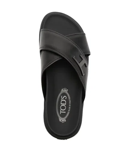 Tod's Slides Cross Strap Flat Sole Open Toe In Black