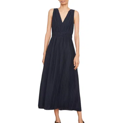 Shop Vince Pleated Double V-neck Dress In Coastal In Blue
