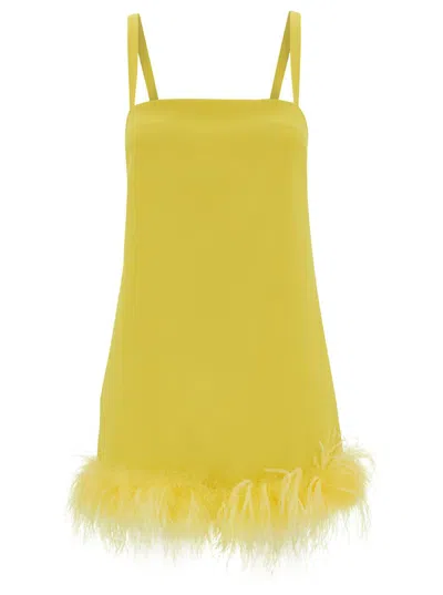 Shop Pinko Mini Yellow Dress With Tonal Feathers Trim In Tech Fabric Woman