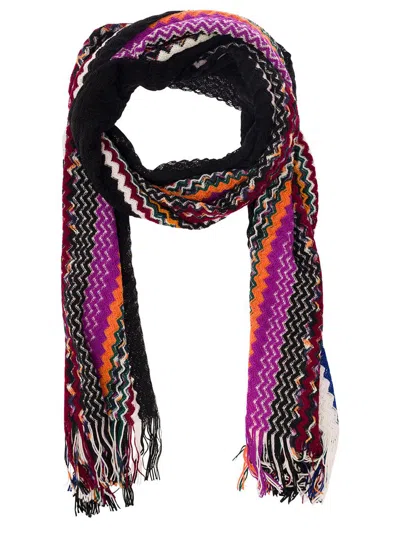 Shop Missoni Multicolor Scarf With Zigzag Motif And Fringed Hem In Wool Blend Woman