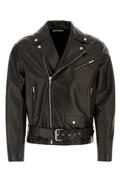 Shop Palm Angels Leather Jackets In Blackoff