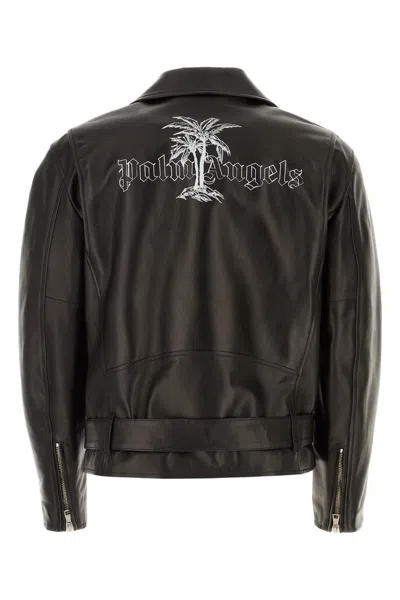 Shop Palm Angels Leather Jackets In Blackoff