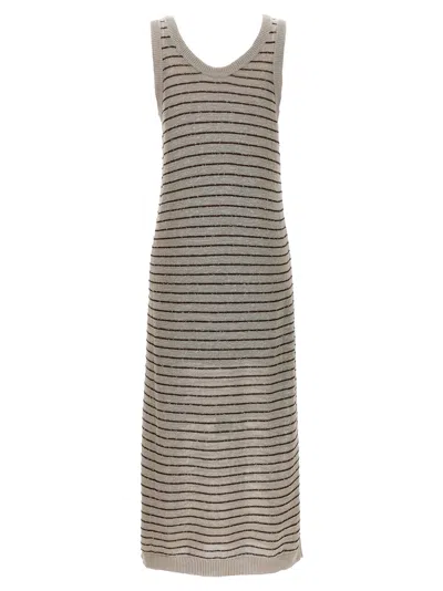 Shop Brunello Cucinelli Sequin Striped Long Dress Dresses Gray
