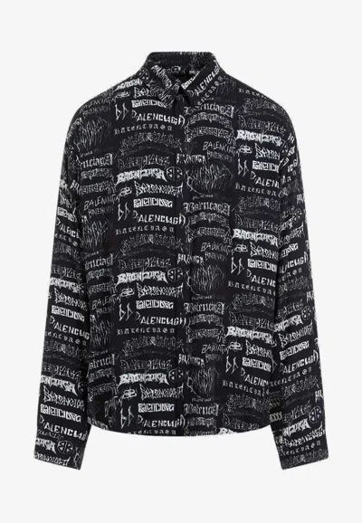Shop Balenciaga All-over Logo Long-sleeved Shirt In Black