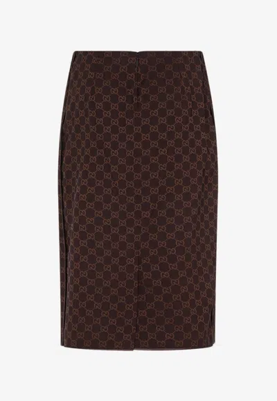 Shop Gucci All-over Logo Pencil Skirt In Brown