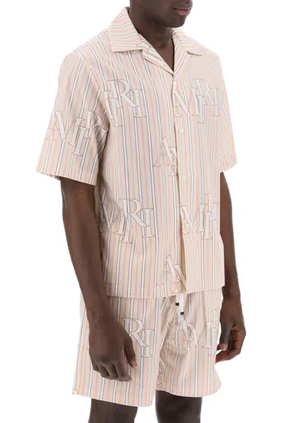 Shop Amiri Stripe Bowling Shirt With Staggered Logo Men In Pink