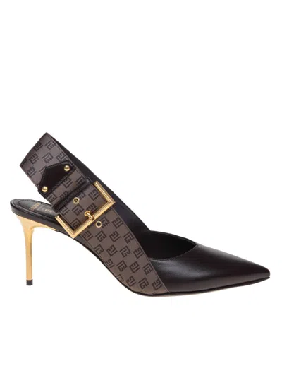 Shop Balmain Slingback In Monogrammed Leather And Canvas In Brown