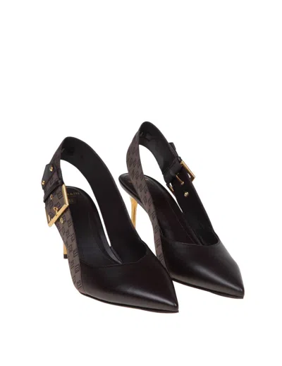 Shop Balmain Slingback In Monogrammed Leather And Canvas In Brown