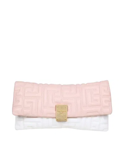 Shop Balmain Soft Leather Bag With Monogram Quilting In Creme/nude