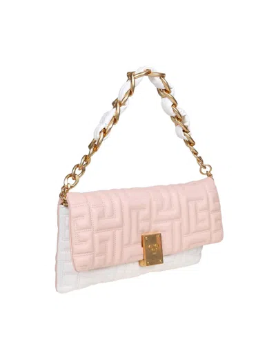 Shop Balmain Soft Leather Bag With Monogram Quilting In Creme/nude