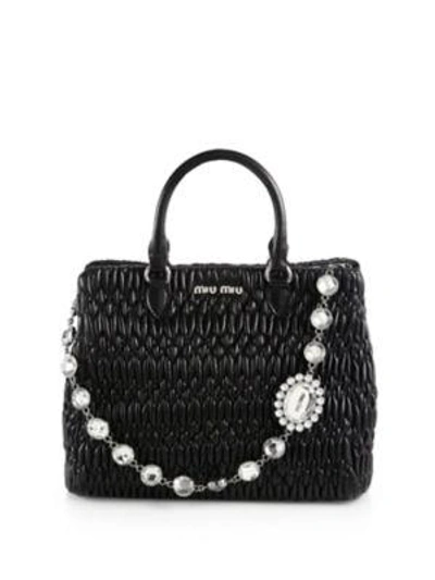 Shop Miu Miu Nappa Crystal Quilted Leather Tote In Black