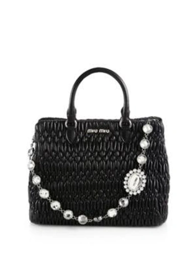 Shop Miu Miu Nappa Crystal Quilted Leather Tote In Cammeo