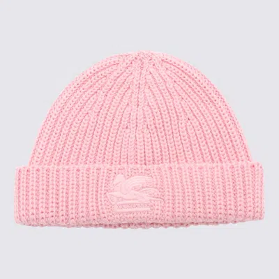 Shop Etro Pink Wool Logo Beanie Hat