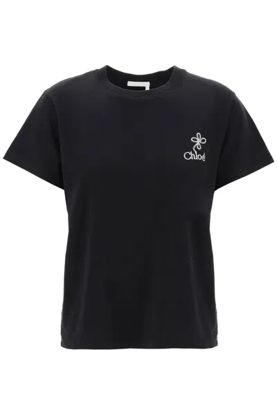 Shop Chloé Chloe' Contrast Embroidered Logo T-shirt With Contrasting Women In Black