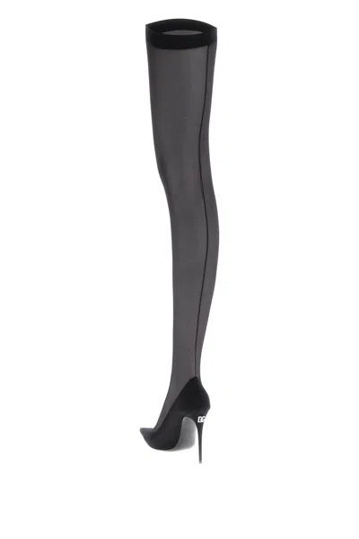 Shop Dolce & Gabbana Stretch Tulle Thigh-high Boots Women In Black