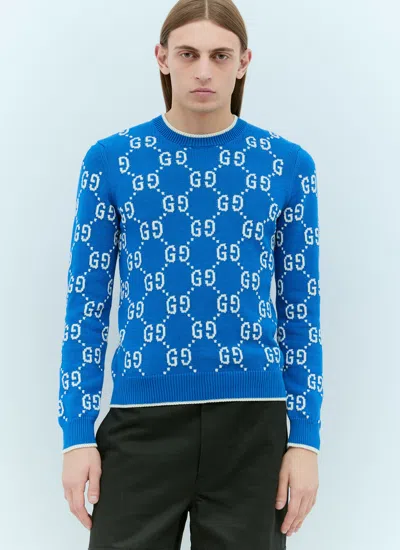 Shop Gucci Men Gg Intarsia Sweater In Blue