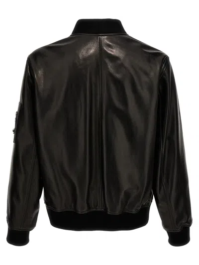 Shop Versace Leather Bomber Jacket In Black