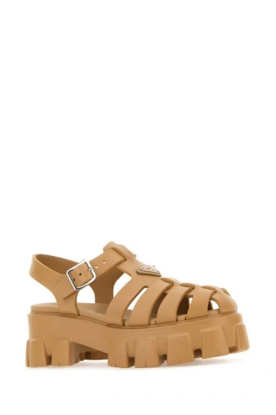 Shop Prada Woman Camel Rubber Sandals In Brown