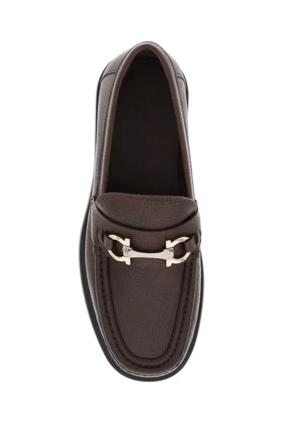Shop Ferragamo Salvatore  Embossed Leather Loafers With G Men In Brown