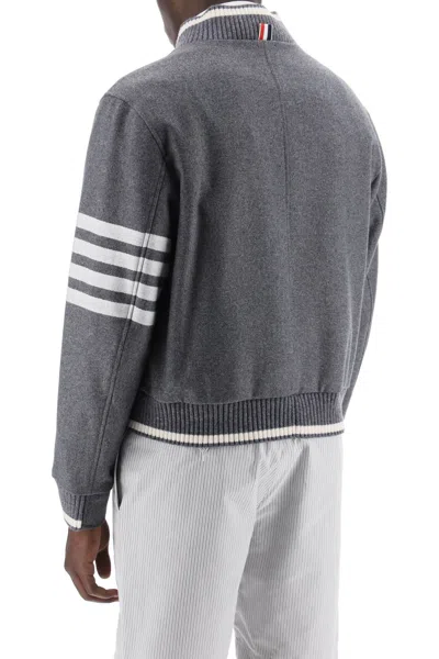 Shop Thom Browne 4-bar Varsity Jacket In Wool Mel Men In Gray