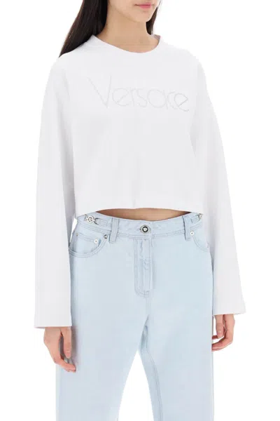 Shop Versace "cropped Sweatshirt With Rhinestone Women In White