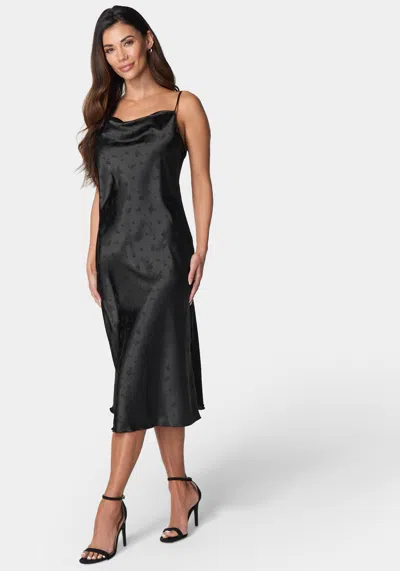 Bebe Cowl Neck Midi Satin Jacquard Dress In Black