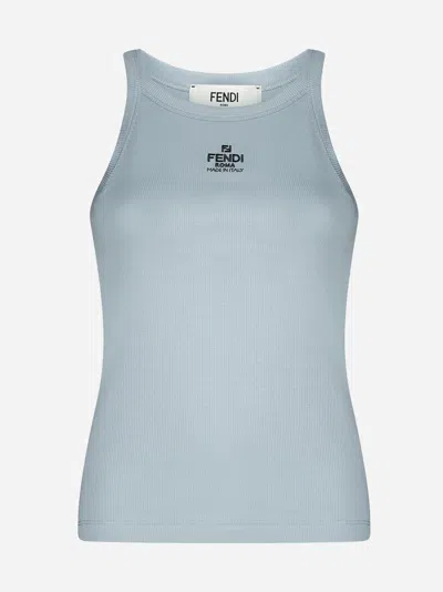 Shop Fendi Logo Cotton Tank Top In Pale Blue