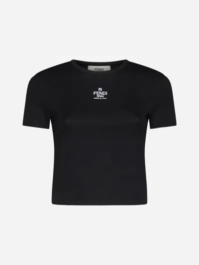 Shop Fendi Logo Cotton Cropped T-shirt In Black