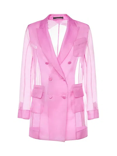 Shop Maxmara Pianoforte Negrar Silk Organza Double Breast Jacket In Pink & Purple