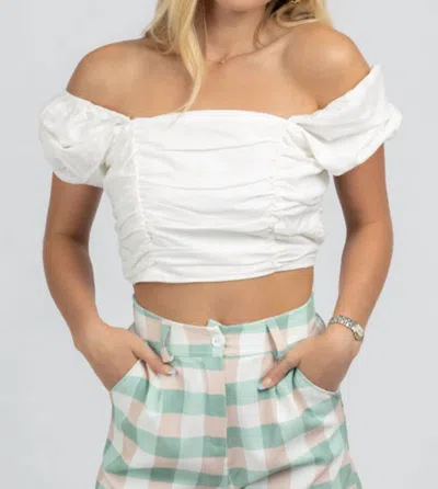 Mable Linen Puff Sleeve Open-back Crop In White In White