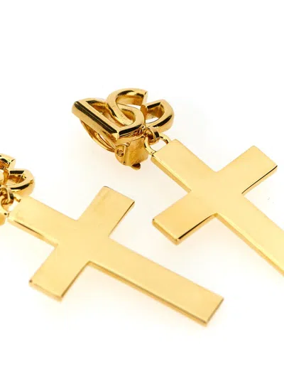 Shop Dolce & Gabbana Gold Tone Earrings With Cross Pendant In Brass Woman In Grey