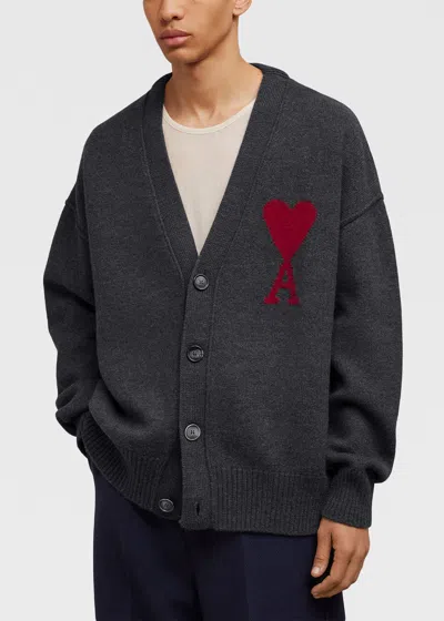 Shop Ami Alexandre Mattiussi Grey Ami De Coeur Wool Cardigan In Heather Grey/red/084