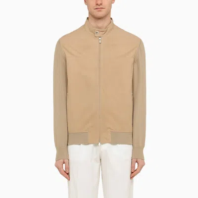 Shop Brunello Cucinelli Beige Leather Jacket With Knitted Sleeves