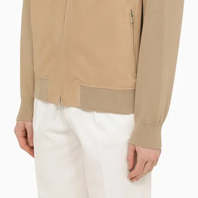 Shop Brunello Cucinelli Beige Leather Jacket With Knitted Sleeves