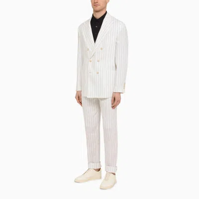 Shop Brunello Cucinelli White Linen Pinstripe Double Breasted Jacket