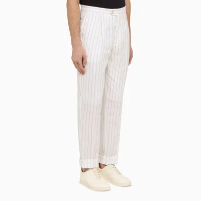 Shop Brunello Cucinelli White Linen Pinstripe Trousers