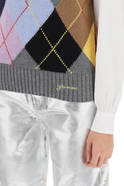 Shop Ganni Wool Vest With Argyle Pattern