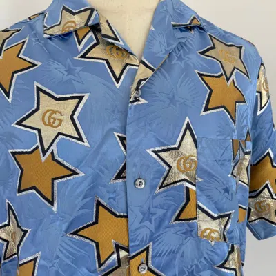 Pre-owned Gucci Blue Star Print Brocade Men's Button Up Shirt