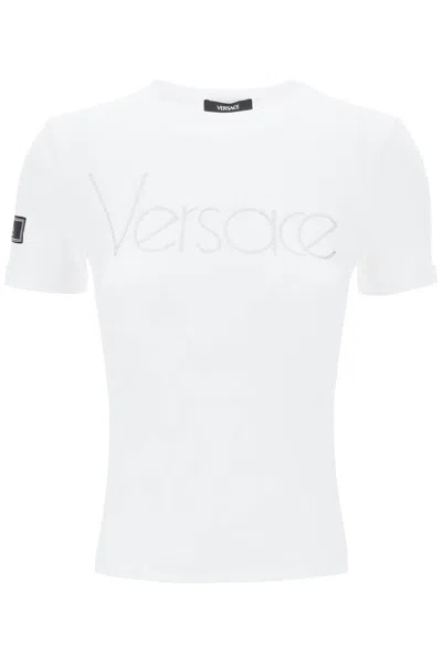 Shop Versace "logo Rhinestone T-shirt Women In White