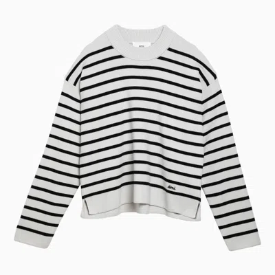 Shop Ami Alexandre Mattiussi Ami Paris Chalk White/black Striped Cotton And Wool Jumper